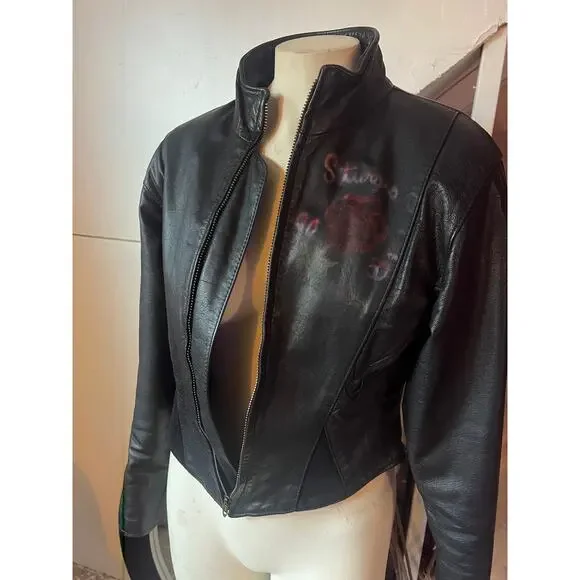 Vintage Leather jacketsnatched corset waste, airbrush Rose Sturgis 50th 1990